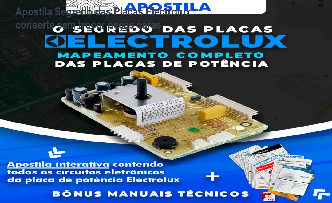 Capa da Apostila Segredo das Placas Electrolux mostrando diagramas de circuitos eletrônicos