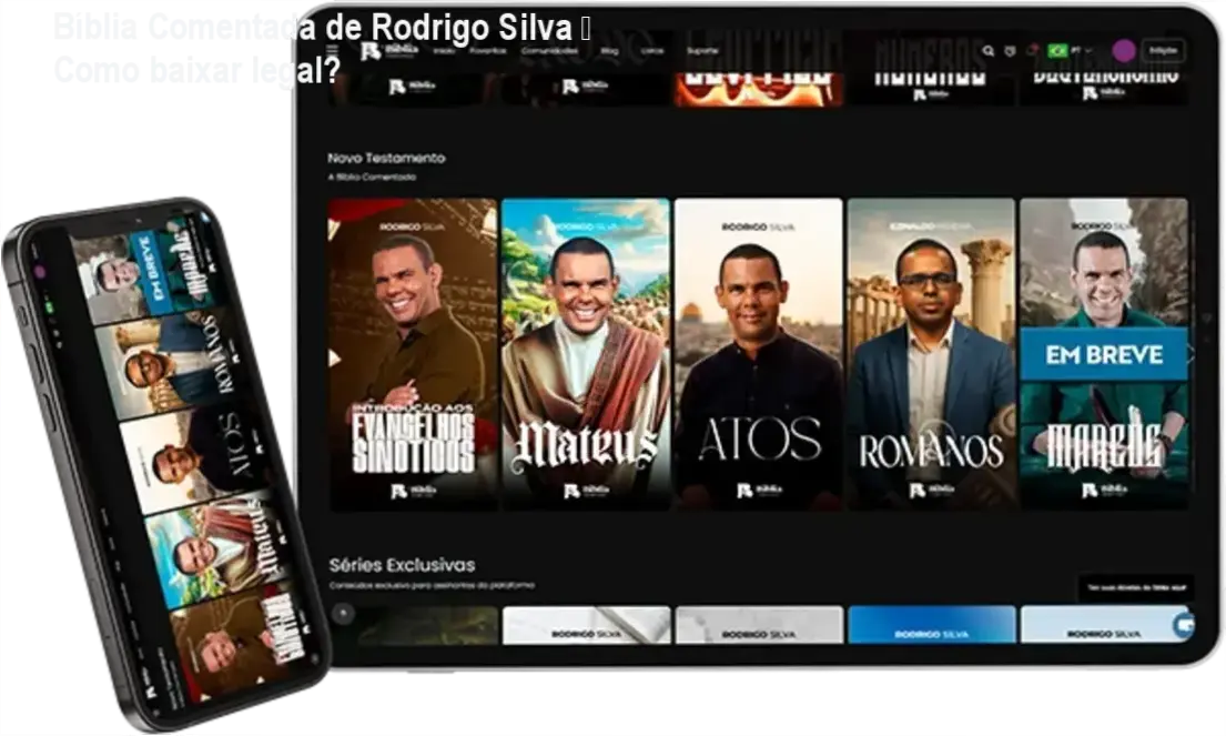Tela do app da Bíblia Comentada de Rodrigo Silva mostrando interface de download oficial