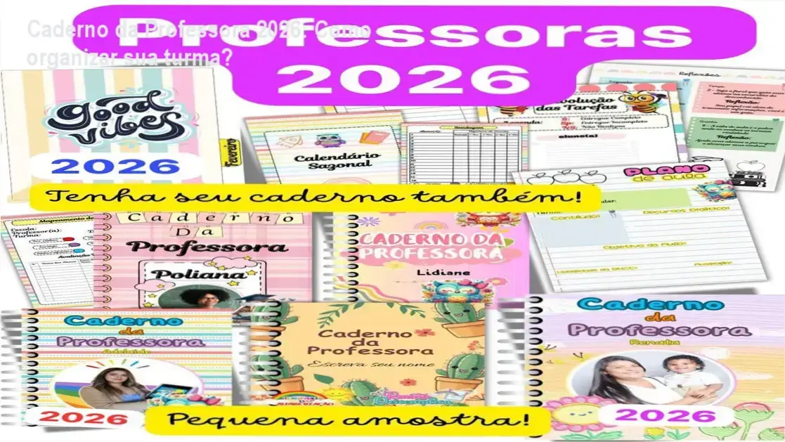 Capa editável do Caderno da Professora 2026 com foto personalizada e recursos de organização escolar