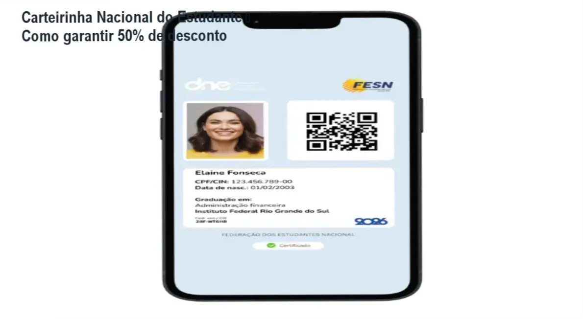 Carteirinha Nacional do Estudante digital mostrando QR Code para meia‑entrada