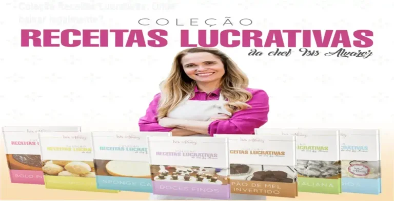 Imagem da capa da Coleção Receitas Lucrativas da Chef Ísis Alvarez mostrando apostilas digitais e videoaulas
