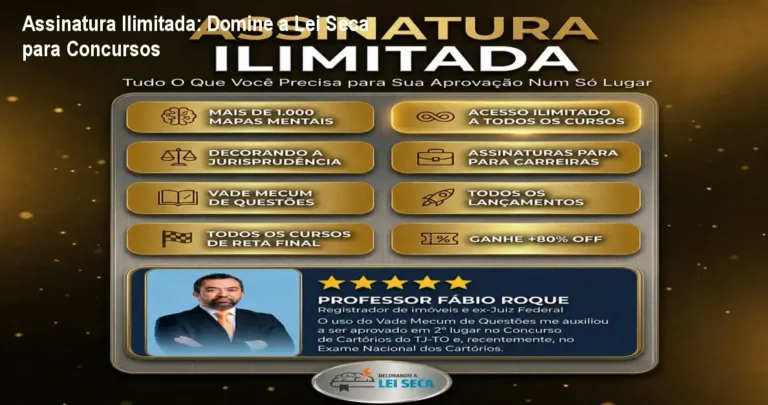 Pessoa estudando com um notebook exibindo a plataforma Assinatura Ilimitada Decorando a Lei Seca, com ícones de flashcards e mapas mentais.