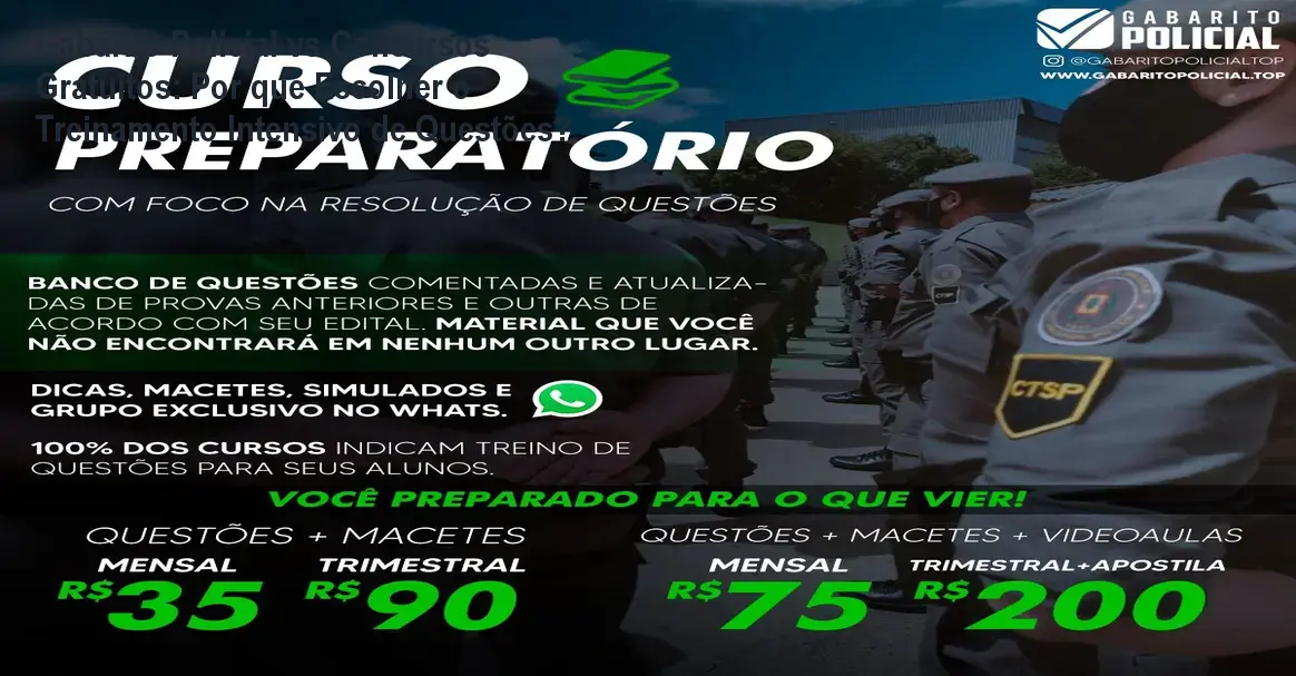 Tela da plataforma Gabarito Policial mostrando questões comentadas e simulados para concursos de segurança pública