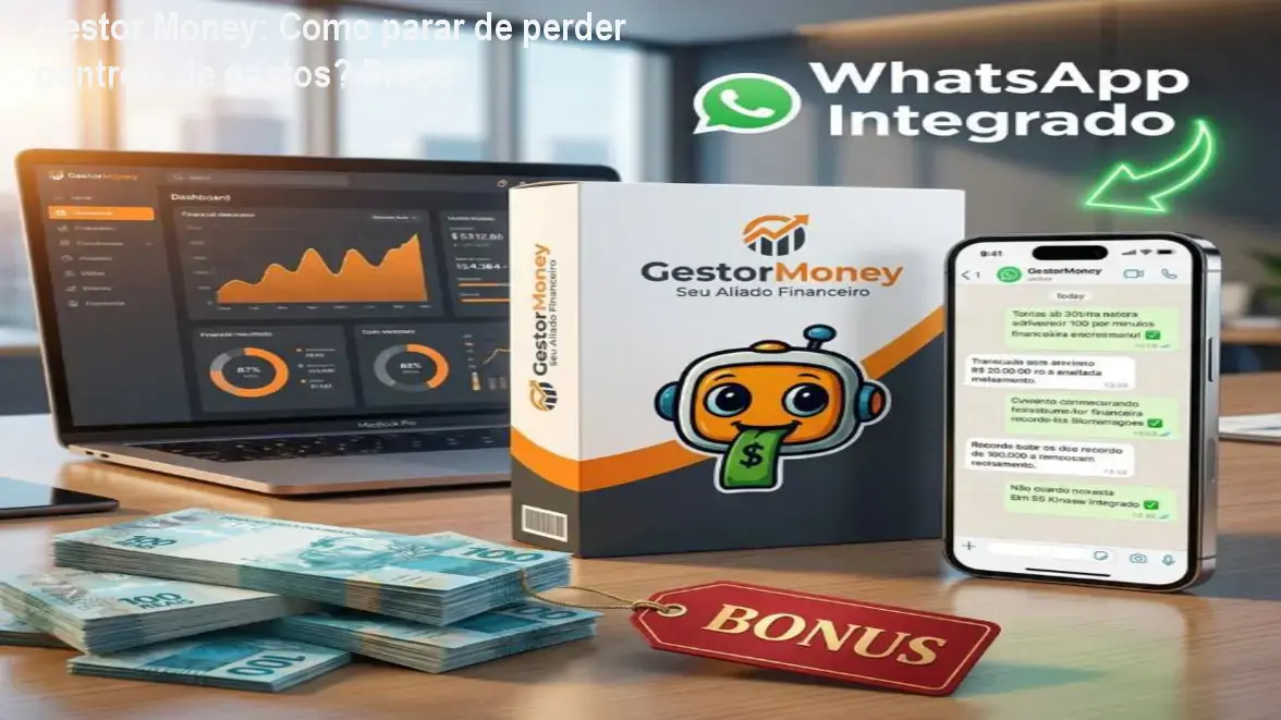 Gestor Money: Como parar de perder controle de gastos? Preço 1 https://cursoss.com.br/gestor-money-como-parar-perda-de-controle-gastos-preco/ Tela do Gestor Money mostrando chat no WhatsApp registrando despesas e painel com gráficos financeiros