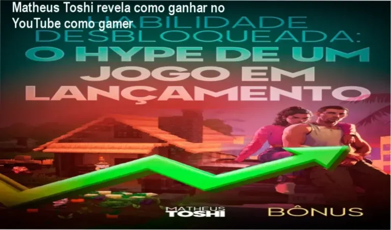 Matheus Toshi apresentando seu curso Viver de YouTube Como Gamer, mostrando resultados de visualizações e estratégias de crescimento