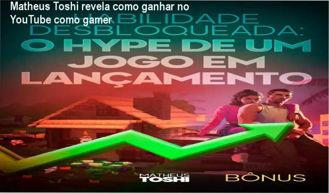 Matheus Toshi apresentando seu curso Viver de YouTube Como Gamer, mostrando resultados de visualizações e estratégias de crescimento