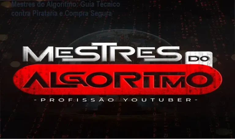 Tela do curso Mestres do Algoritmo mostrando alerta de pirataria e instruções de compra segura