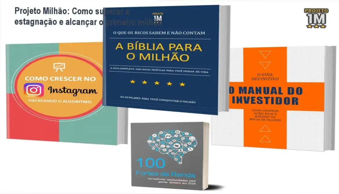 Capa do Combo Projeto Milhão mostrando os três e‑books sobre renda, Instagram e investimentos
