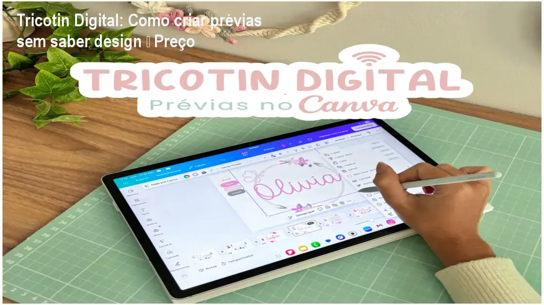 Tricotin Digital: Como criar prévias sem saber design – Preço 1 https://cursoss.com.br/tricotin-digital-criar-previas-sem-design-preco/ Tela do Canva mostrando uma prévia digital de um projeto de Tricotin criado por uma artesã