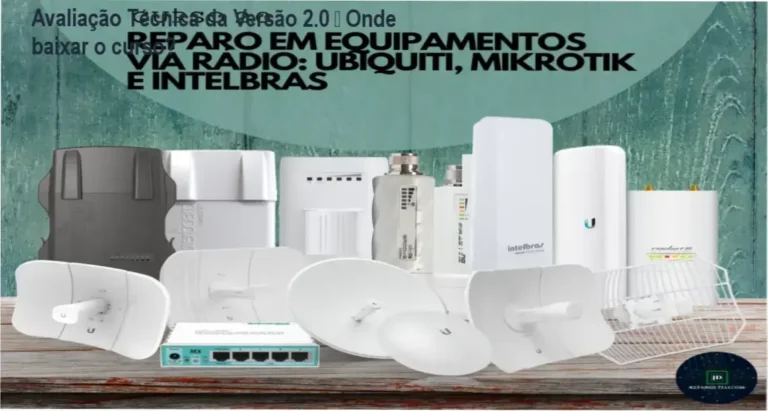Tela do curso Versão 2.0 Reparo em Equipamentos via Rádio mostrando módulos de Ubiquiti, Mikrotik e Intelbras
