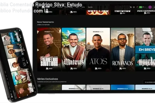 Análise interna da Bíblia Comentada por Rodrigo Silva, mostrando interface do app e recursos acadêmicos exclusivos