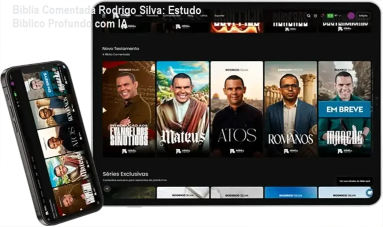 Análise interna da Bíblia Comentada por Rodrigo Silva, mostrando interface do app e recursos acadêmicos exclusivos