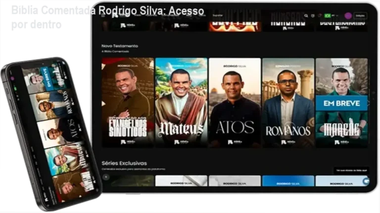 Interface do aplicativo Bíblia Comentada de Rodrigo Silva mostrando ferramentas de I.A. e estudo teológico