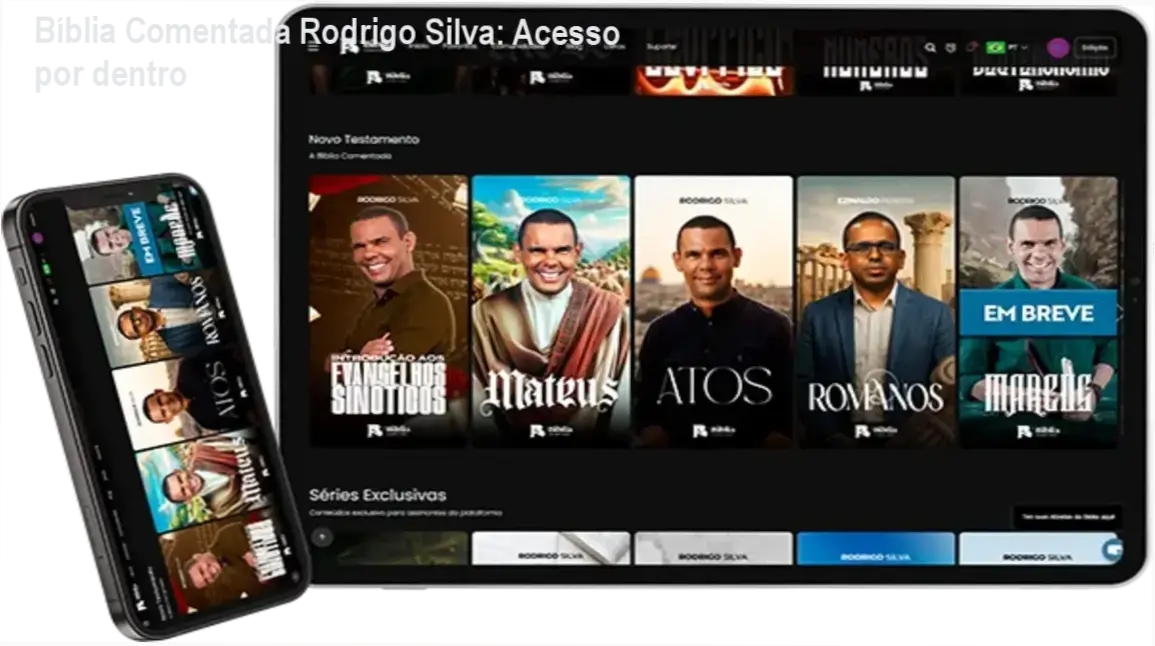 Interface do aplicativo Bíblia Comentada de Rodrigo Silva mostrando ferramentas de I.A. e estudo teológico
