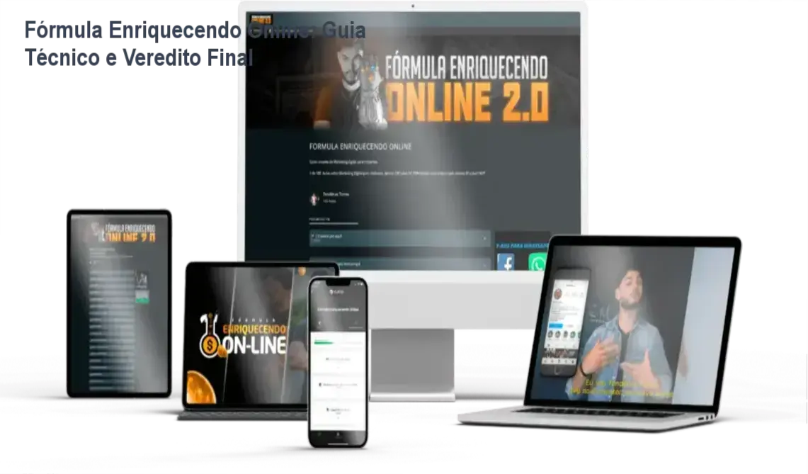 Fórmula Enriquecendo Online com bastidores do Método T.O.M, mostrando como o curso ensina marketing digital e criação de negócios online.