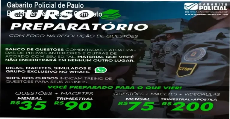 Visão interna da plataforma Gabarito Policial de Paulo Büttenbender demonstrando questões e simulados