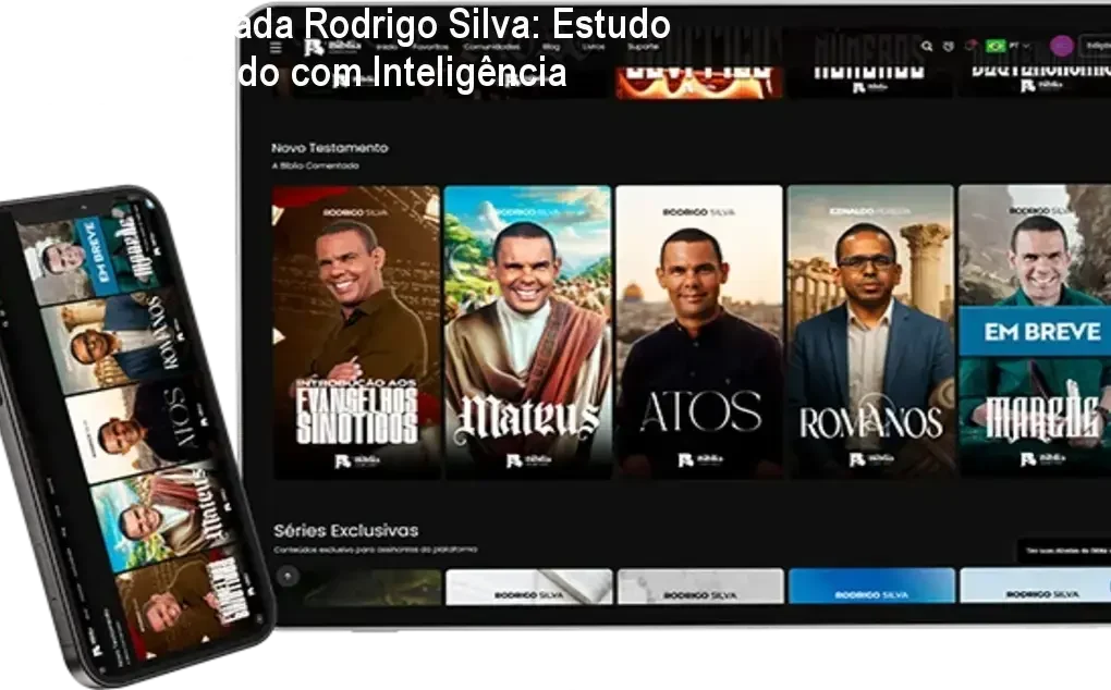 Captura de tela da plataforma Bíblia Comentada Rodrigo Silva mostrando interface acadêmica e recursos de estudo bíblico com inteligência artificial.