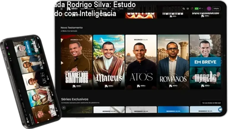 Captura de tela da plataforma Bíblia Comentada Rodrigo Silva mostrando interface acadêmica e recursos de estudo bíblico com inteligência artificial.