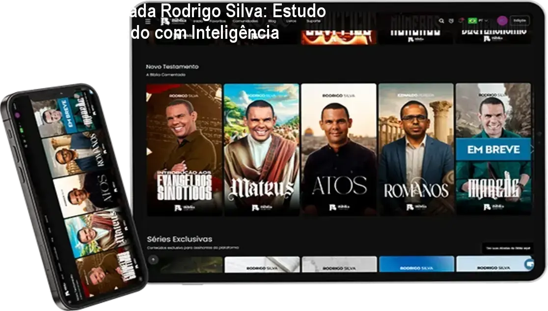 Captura de tela da plataforma Bíblia Comentada Rodrigo Silva mostrando interface acadêmica e recursos de estudo bíblico com inteligência artificial.