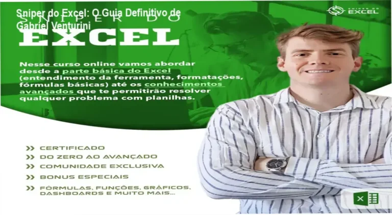 Sniper do Excel de Gabriel Venturini apresentando a interface de aulas e dashboards profissionais