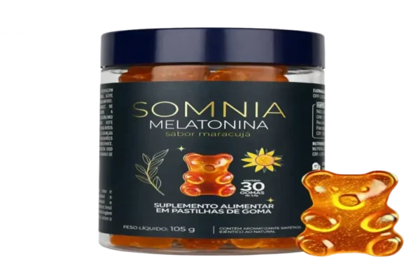 Somnia goma de melatonina com textura e sabor maracujá, gotas líquidas no fundo simbolizando o ciclo do sono