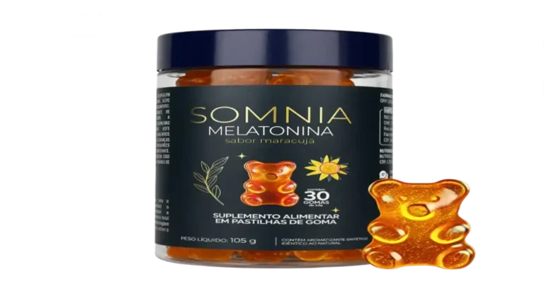 Somnia goma de melatonina com textura e sabor maracujá, gotas líquidas no fundo simbolizando o ciclo do sono