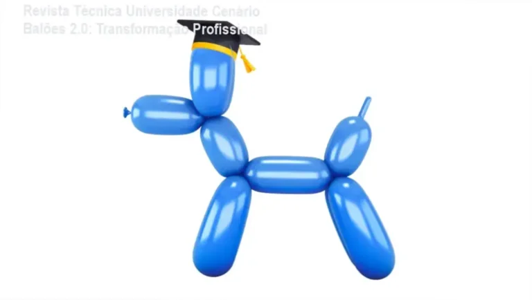 Revista técnica detalhando o formato em vídeo e materiais da Universidade Cenário Balões 2.0 com bastidores do curso.