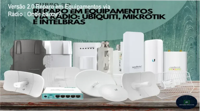 Capa do curso Versão 2.0 Reparo em Equipamentos via Rádio, mostrando antenas Ubiquiti e Mikrotik