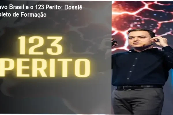 Ambiente de estudo do curso 123 Perito de Gustavo Brasil com microscópio digital e interface de IA