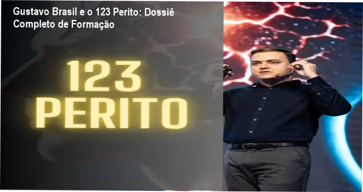 Ambiente de estudo do curso 123 Perito de Gustavo Brasil com microscópio digital e interface de IA