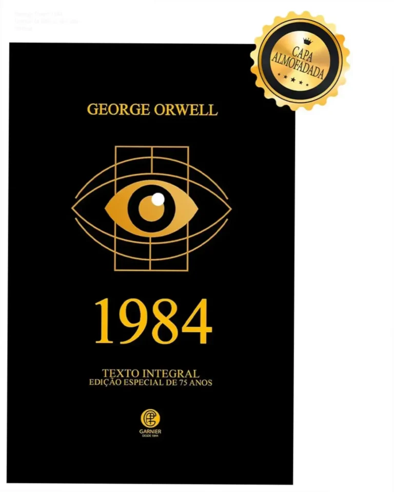 Detalhes da Edição de Luxo de 1984 de George Orwell mostrando acabamento em capa dura almofadada e hot-stamping
