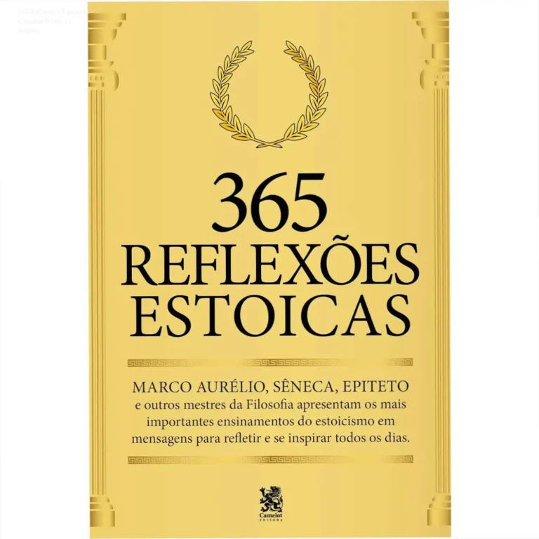 Capa do livro 365 Reflexões Estoicas da Camelot Editora sobre mesa de madeira com óculos de leitura