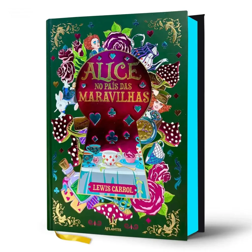 Capa dura luxuosa do livro Alice no País das Maravilhas com acabamento sofisticado e detalhes em tie-dye