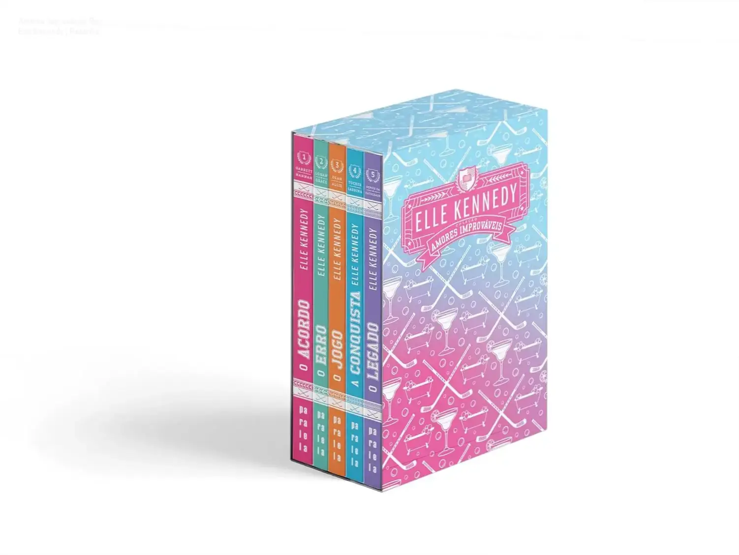 Capa completa do box Amores Improváveis (Nova Edição) com quinta lombada dupla e design exclusivo.