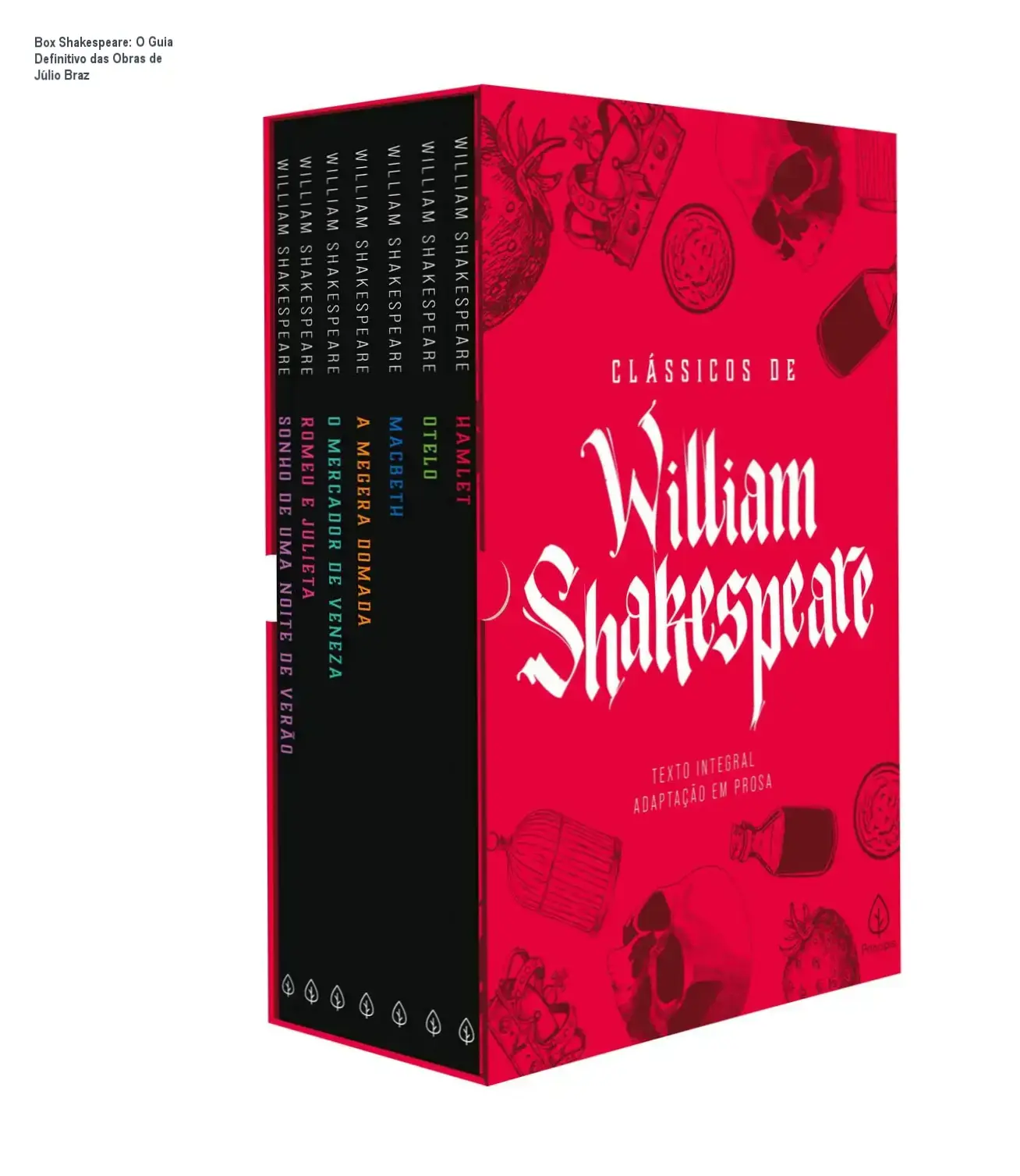 Vista interna detalhada do Box Clássicos de William Shakespeare com obras adaptadas por Júlio Emílio Braz
