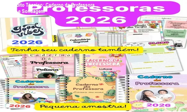 Visão detalhada do Caderno da Professora 2026 com ferramentas de sondagem diagnóstica e planejamento
