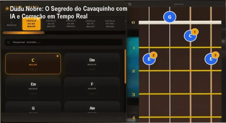 Interface do curso Cavaquinho com Dudu Nobre mostrando o sistema de reconhecimento de áudio e feedback em tempo real
