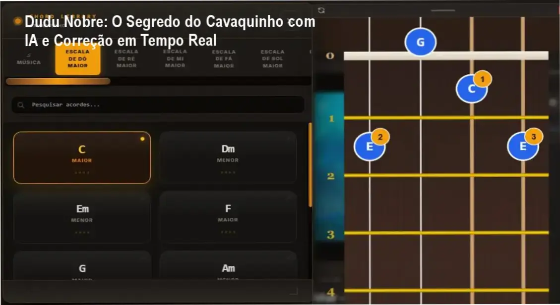 Interface do curso Cavaquinho com Dudu Nobre mostrando o sistema de reconhecimento de áudio e feedback em tempo real