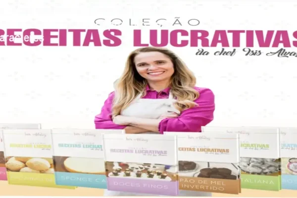 Bastidores e visualização interna da plataforma de cursos da Chef Ísis Alvarez mostrando as apostilas digitais