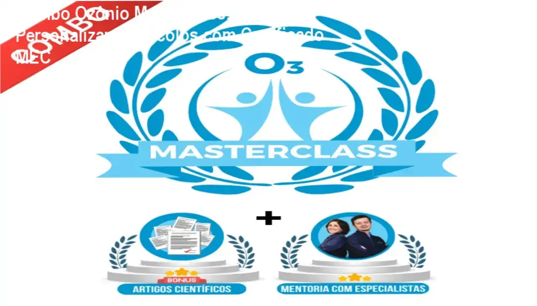 Material didático do Combo Ozônio Masterclass exibindo módulos de protocolos clínicos e certificado reconhecido pelo MEC