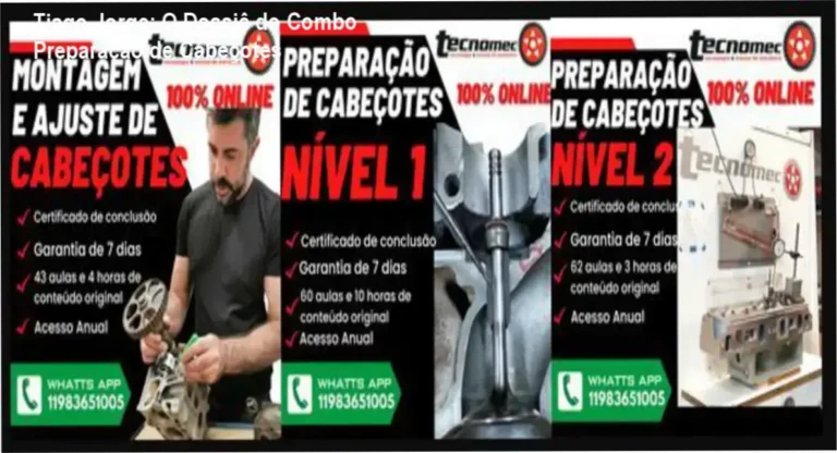 Combo Preparação de Cabeçotes de Tiago Jorge mostrando bastidores de bancada de fluxo e detalhes técnicos de usinagem
