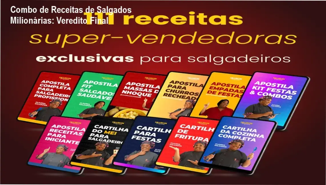 Conjunto de apostilas do Combo de Receitas de Salgados Milionárias para produção industrial