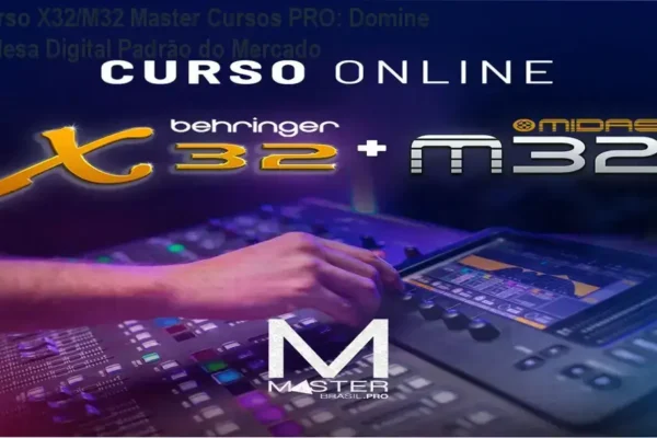 Tela de notebook exibindo o curso online de mesa de som digital Behringer X32 e Midas M32 da Master Cursos PRO com interface da plataforma Hotmart