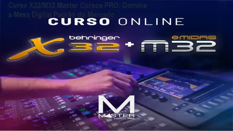 Tela de notebook exibindo o curso online de mesa de som digital Behringer X32 e Midas M32 da Master Cursos PRO com interface da plataforma Hotmart
