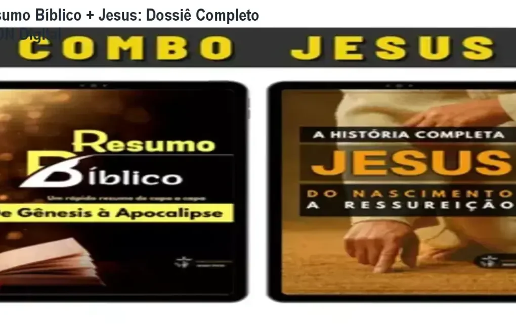 Capa do ebook Resumo Bíblico + Jesus apresentando elementos que remetem às escrituras sagradas e estudo cristão