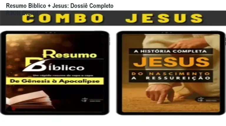 Capa do ebook Resumo Bíblico + Jesus apresentando elementos que remetem às escrituras sagradas e estudo cristão