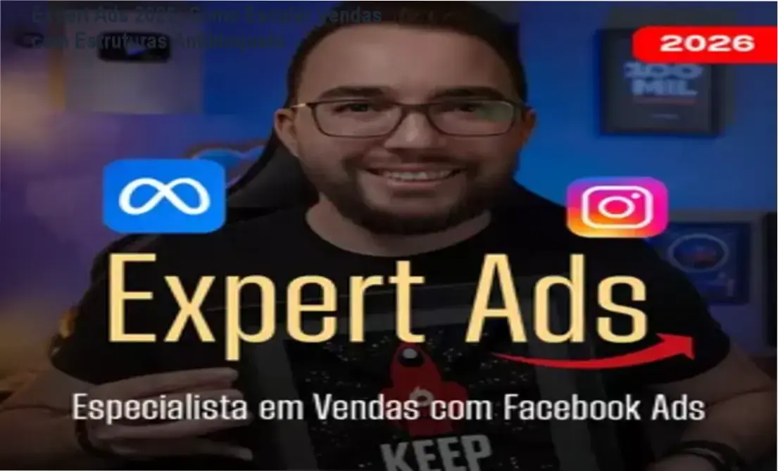 Interface do treinamento Expert Ads 2026 demonstrando a gestão de tráfego pago e contingência no Meta Ads