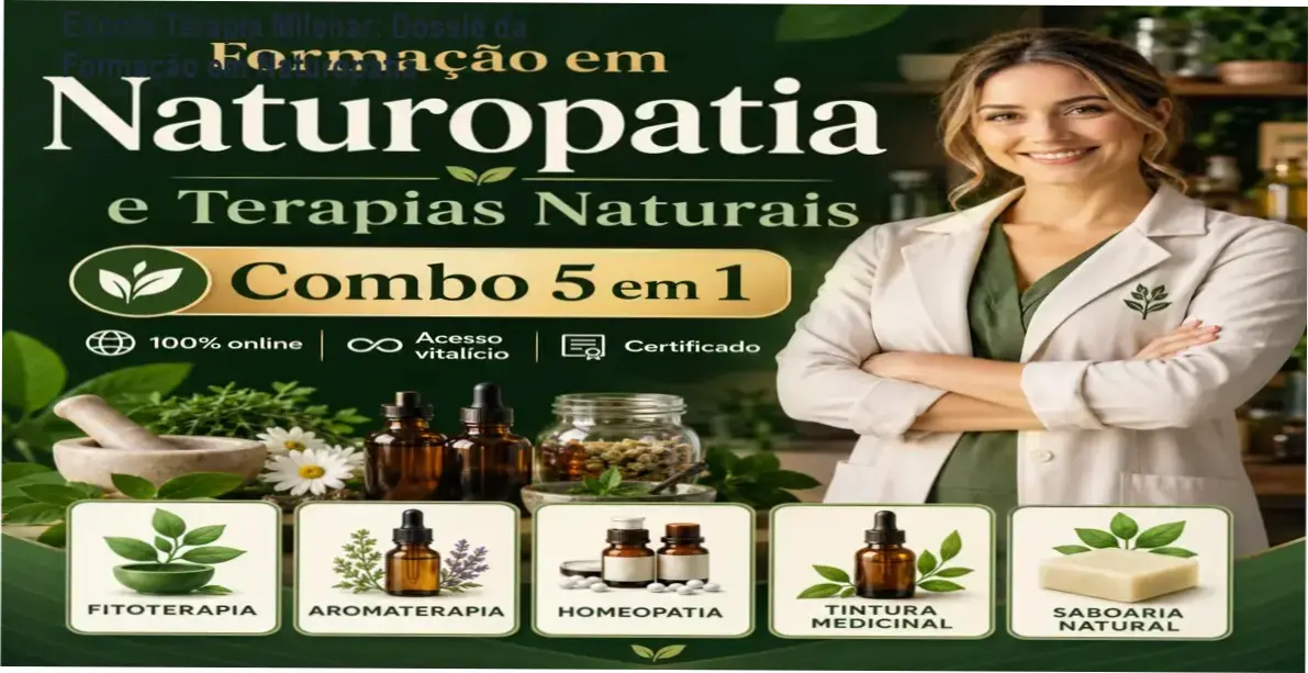 Bastidores da plataforma de cursos da Escola Terapia Milenar exibindo módulos de Naturopatia e Fitoterapia