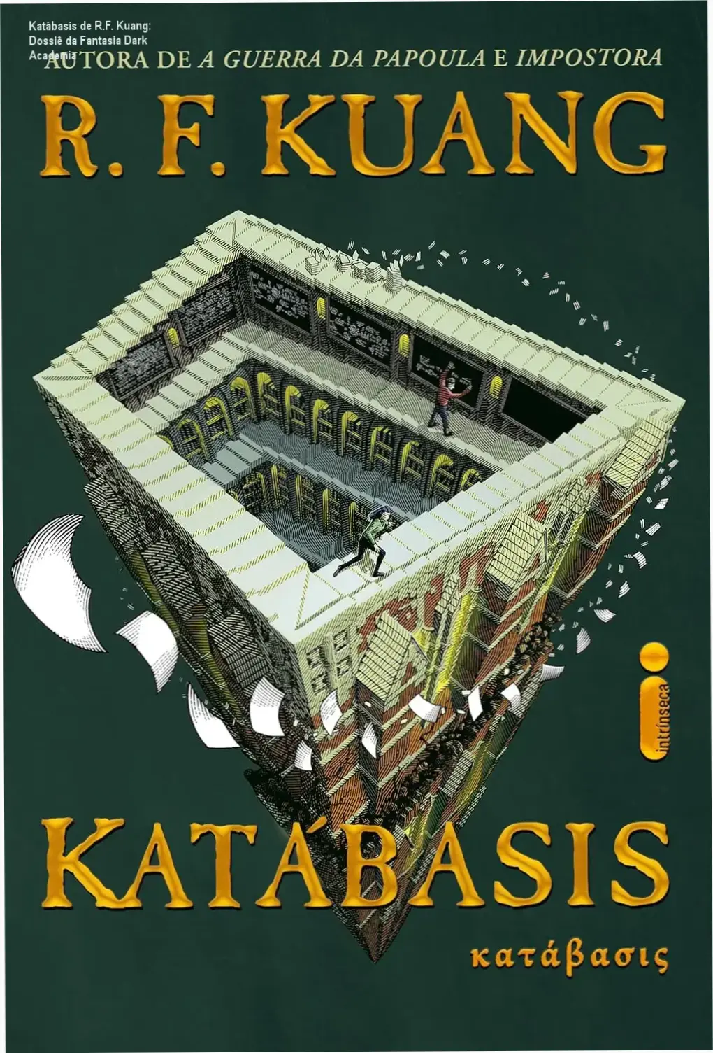 Capa do livro Katábasis de R.F. Kuang apresentando estética dark academia e elementos mitológicos