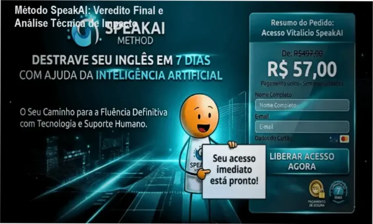 Interface do curso Método SpeakAI destacando módulos de conversação e pronúncia facilitada
